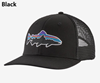 Patagonia Fitz Roy Trout Trucker Hat, featuring a breathable mesh back and iconic trout logo.